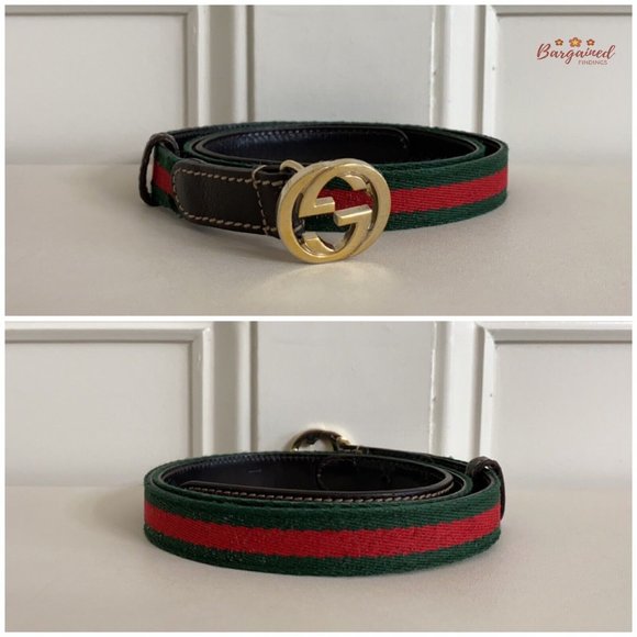 Authentic Gucci Web Canvas Brown Leather GoId Interlocking G Buckle Belt 85/34 - Picture 3 of 13